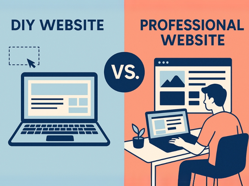 Illustration comparing DIY website builder on a laptop with professional web design by a developer at a desk – visual for DIY website vs professional web design UK